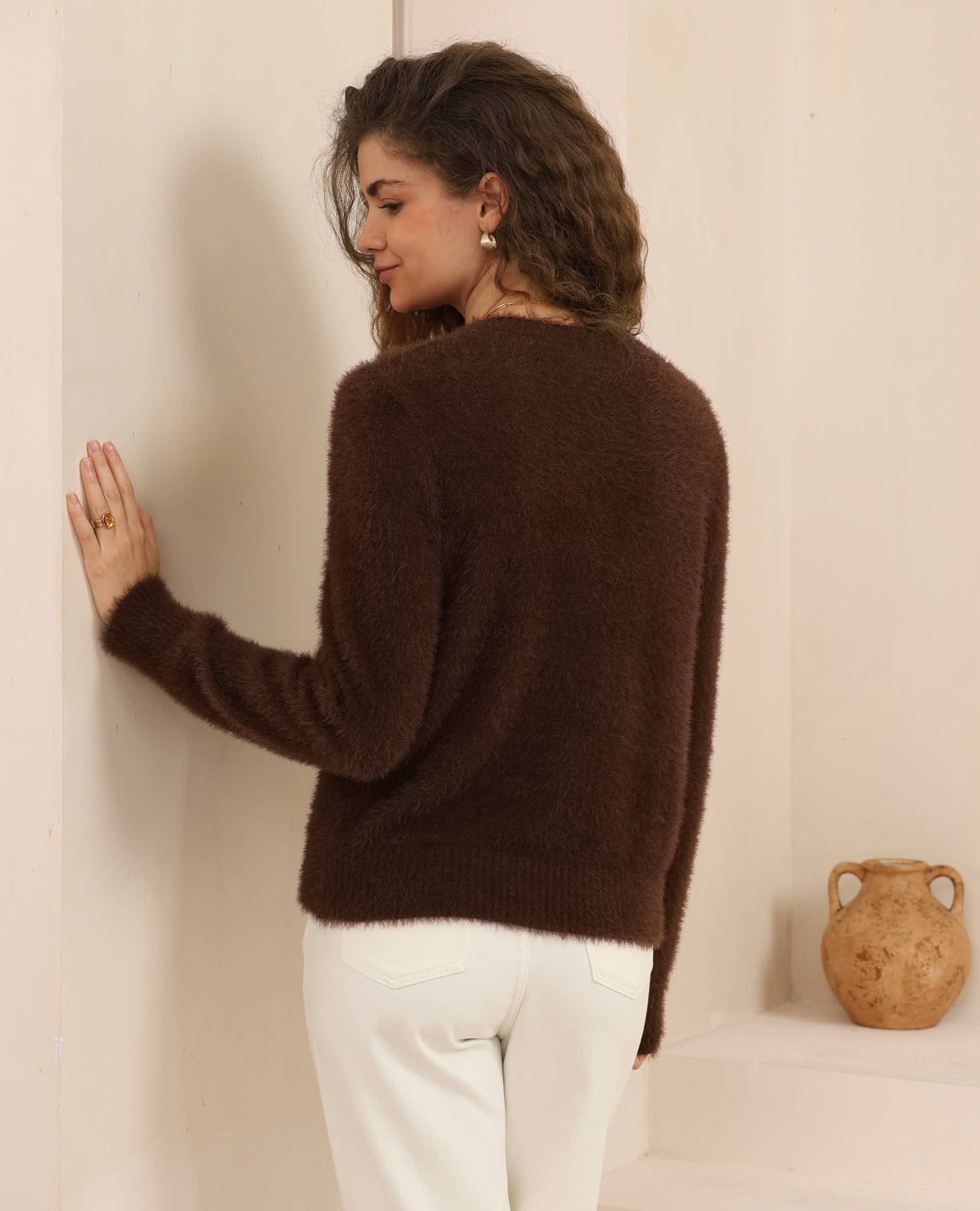 DOMINIQUE ZIP FLUFFY KNIT - CHOCOLATE