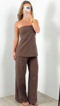 MYRA STRAPLESS TOP + PANT SET - CHOCOLATE