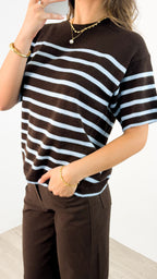 TALITA KNIT TEE - CHOCOLATE/BABY BLUE