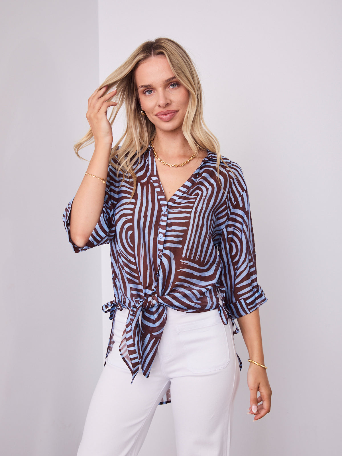 SHANI SHIRT - BLUE/CHOCOLATE