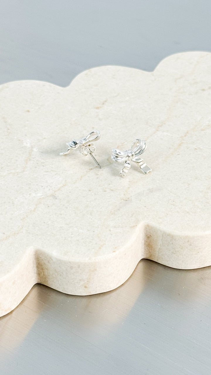 BOW STUD STERLING SILVER PLATED EARRINGS - SILVER
