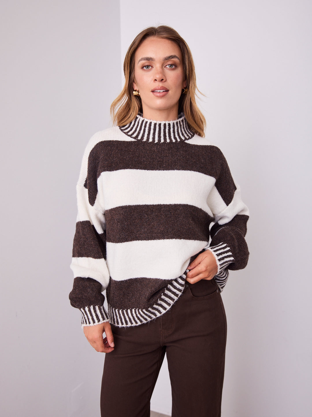 BESSIE BLOCK STRIPE KNIT - CHOCOLATE/WHITE