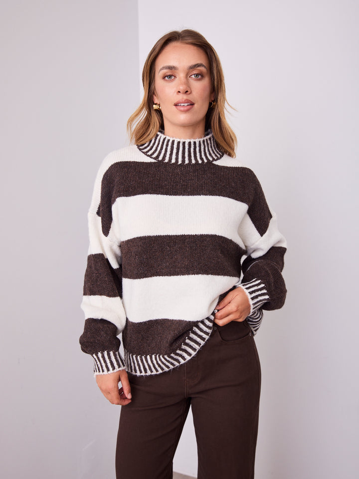 BESSIE BLOCK STRIPE KNIT - CHOCOLATE/WHITE