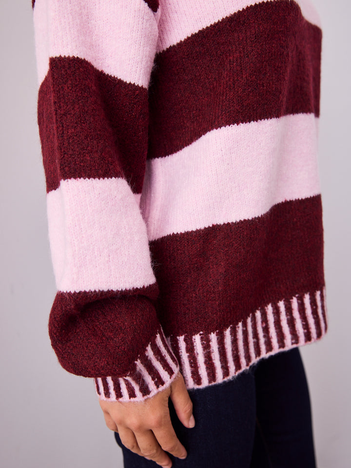 BESSIE BLOCK STRIPE KNIT - WINE/PINK