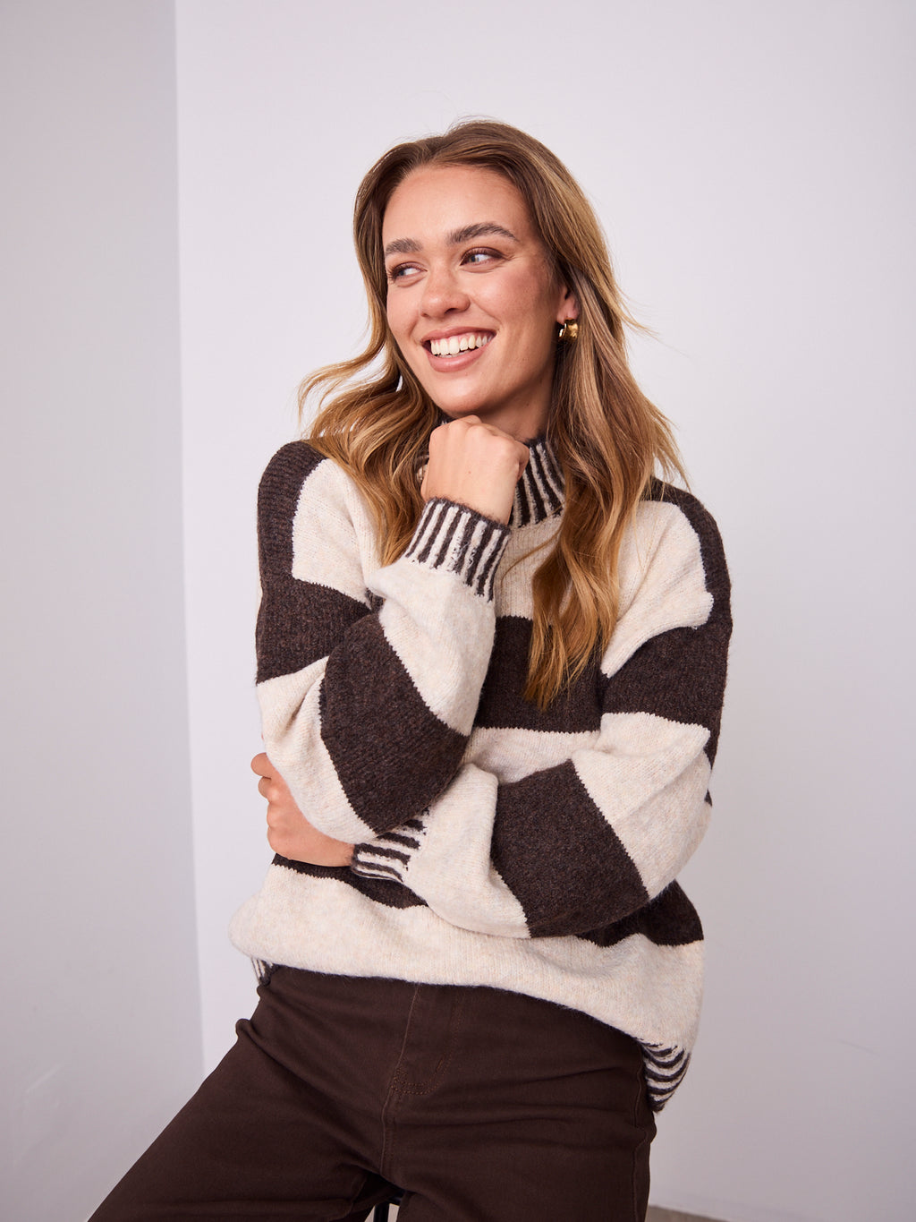 BESSIE BLOCK STRIPE KNIT - CHOCOLATE/OATMEAL