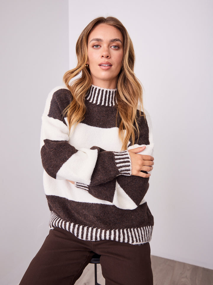 BESSIE BLOCK STRIPE KNIT - CHOCOLATE/WHITE