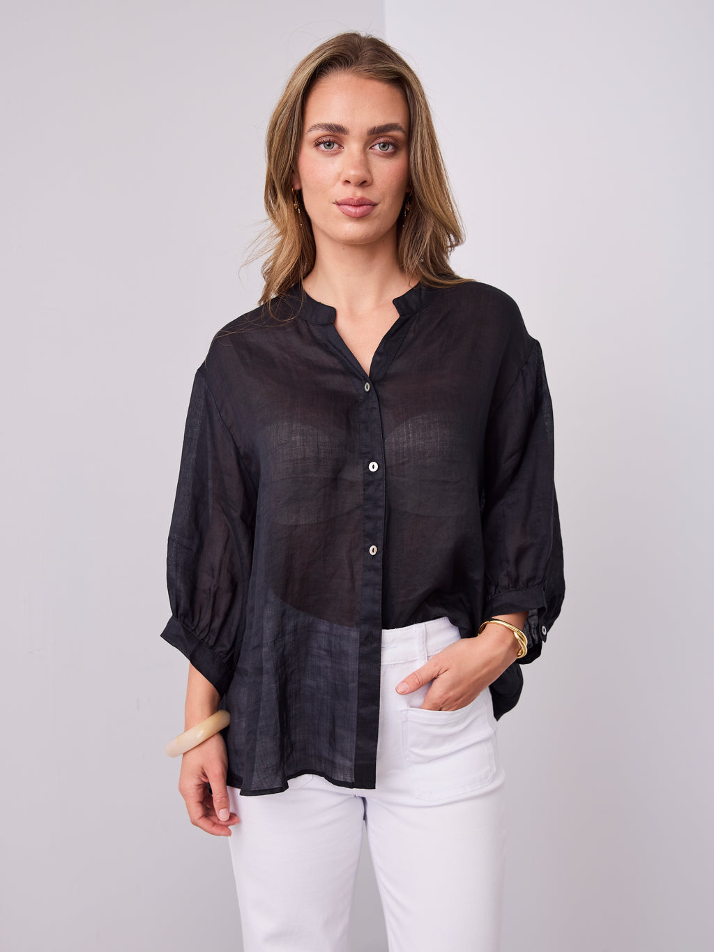 MARTA LINEN SHIRT - BLACK