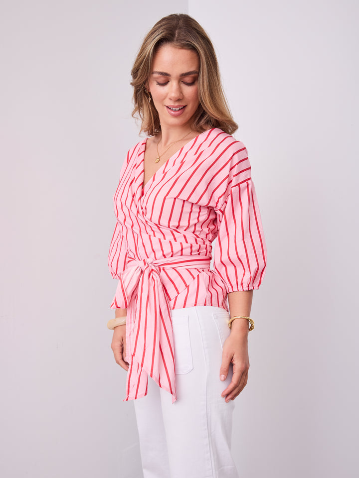 CANDICE STRIPE WRAP SHIRT - PINK
