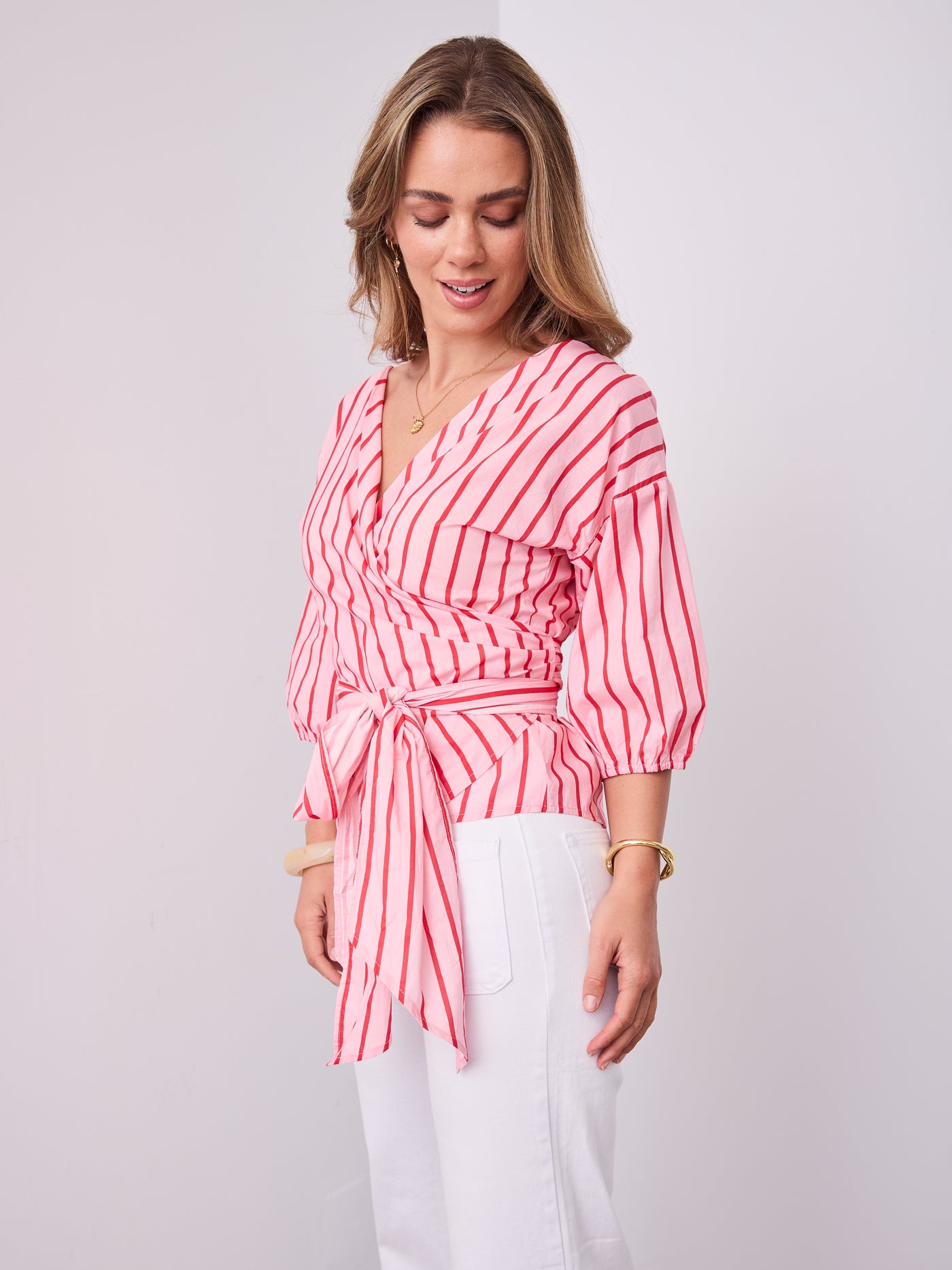 CANDICE STRIPE WRAP SHIRT - PINK