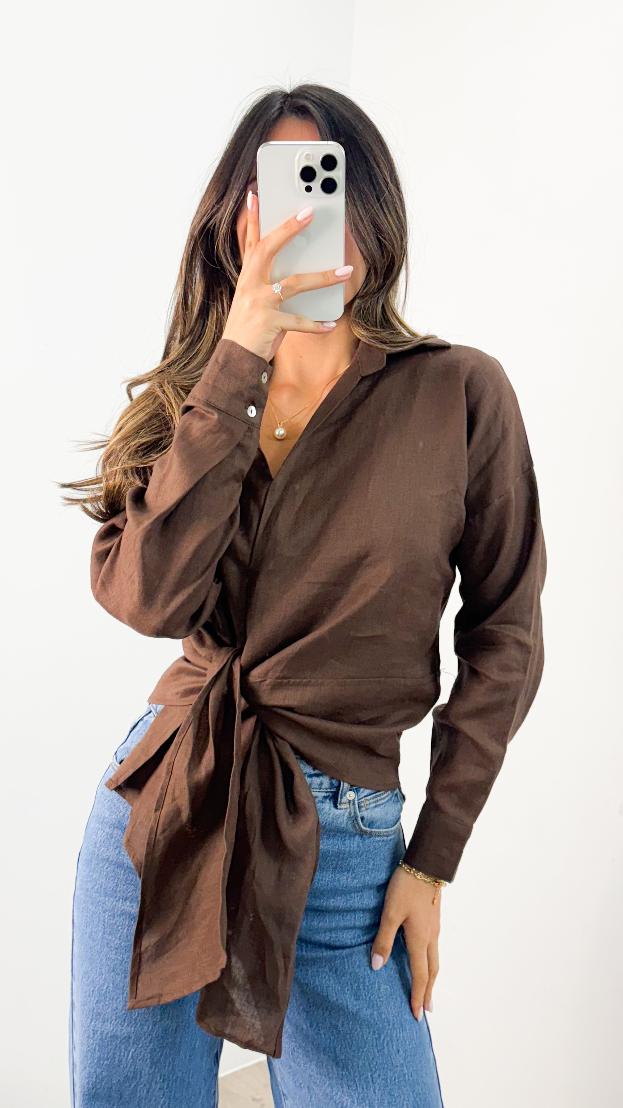 COMO LONG SLEEVE LINEN SHIRT - CHOCOLATE