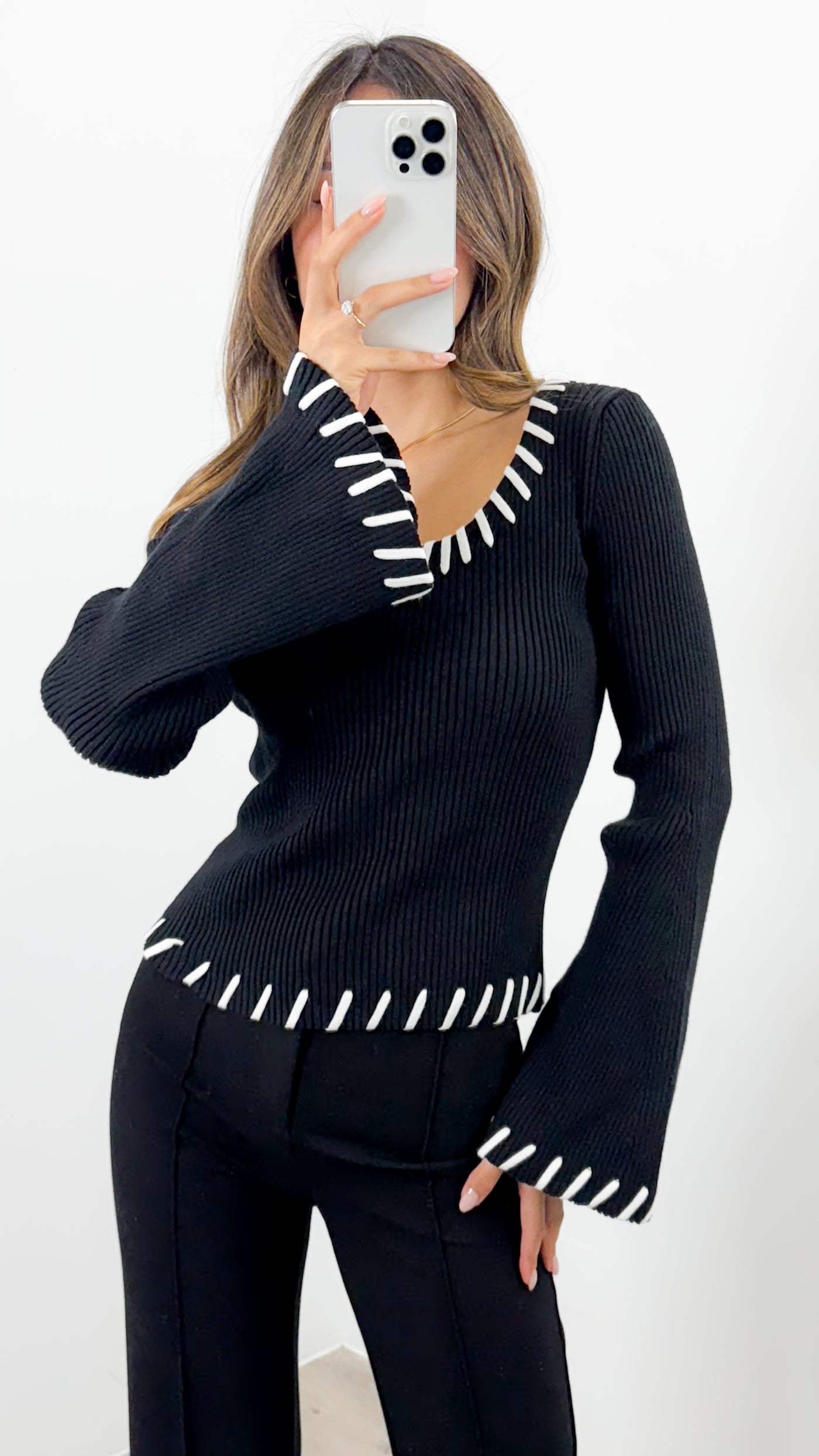 REID KNIT FITTED TOP - BLACK