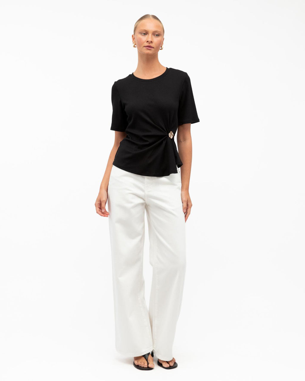 STACEY RIBBED T-SHIRT TOP - BLACK