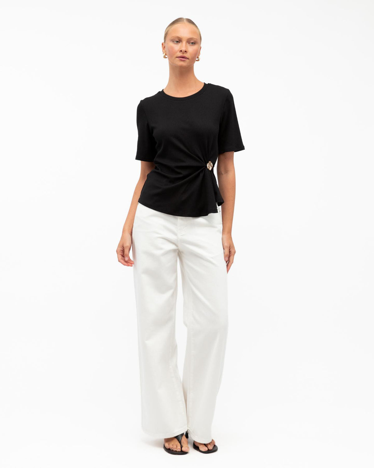 STACEY RIBBED T-SHIRT TOP - BLACK