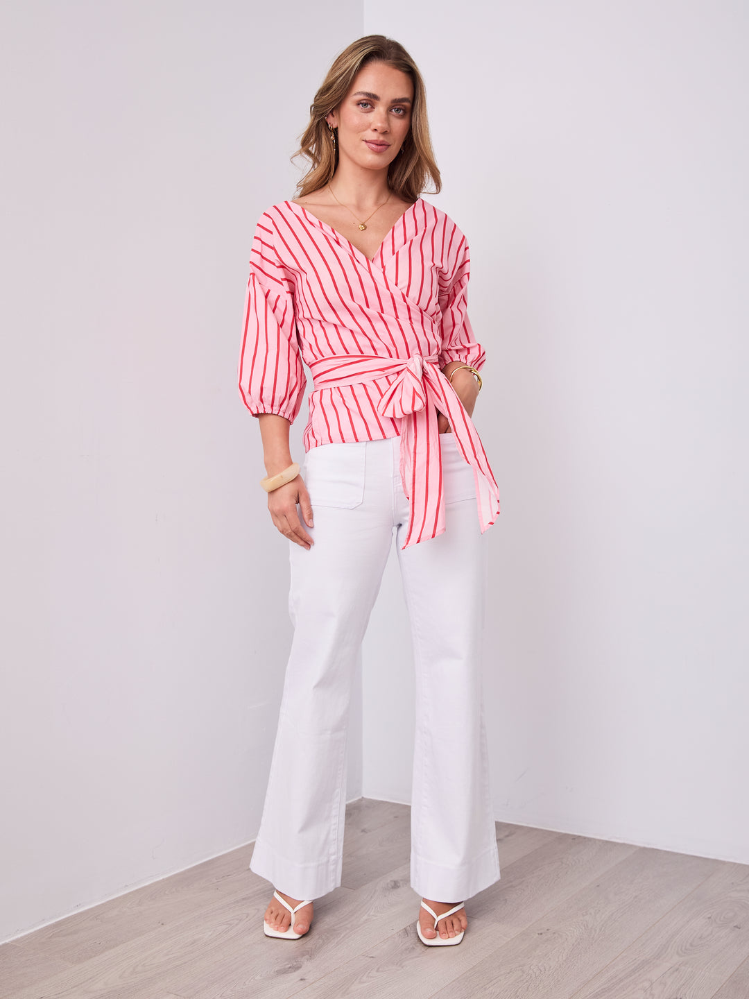 CANDICE STRIPE WRAP SHIRT - PINK