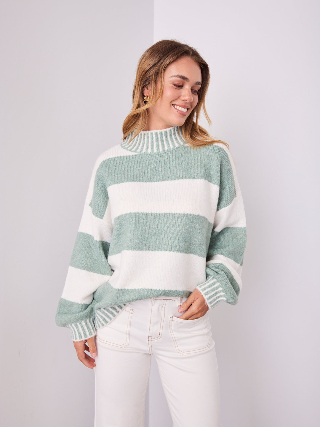 BESSIE BLOCK STRIPE KNIT - SAGE/WHITE