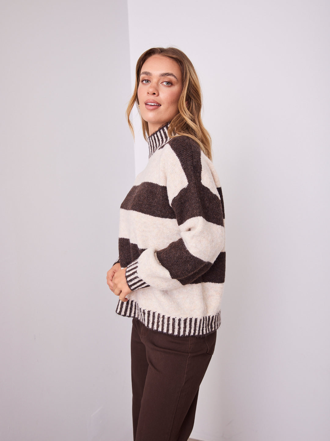 BESSIE BLOCK STRIPE KNIT - CHOCOLATE/OATMEAL