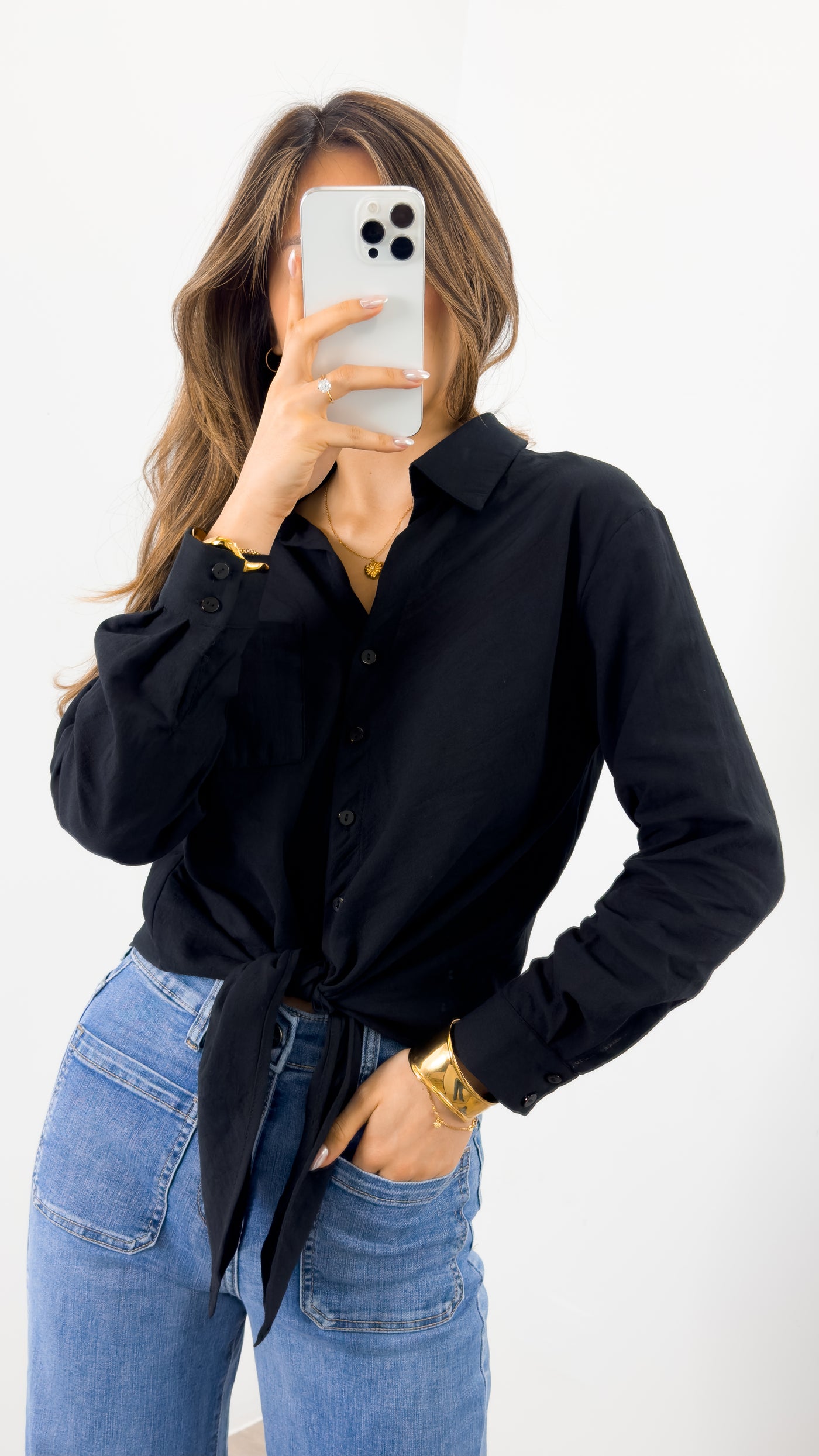 MACY TIE FRONT SHIRT - BLACK