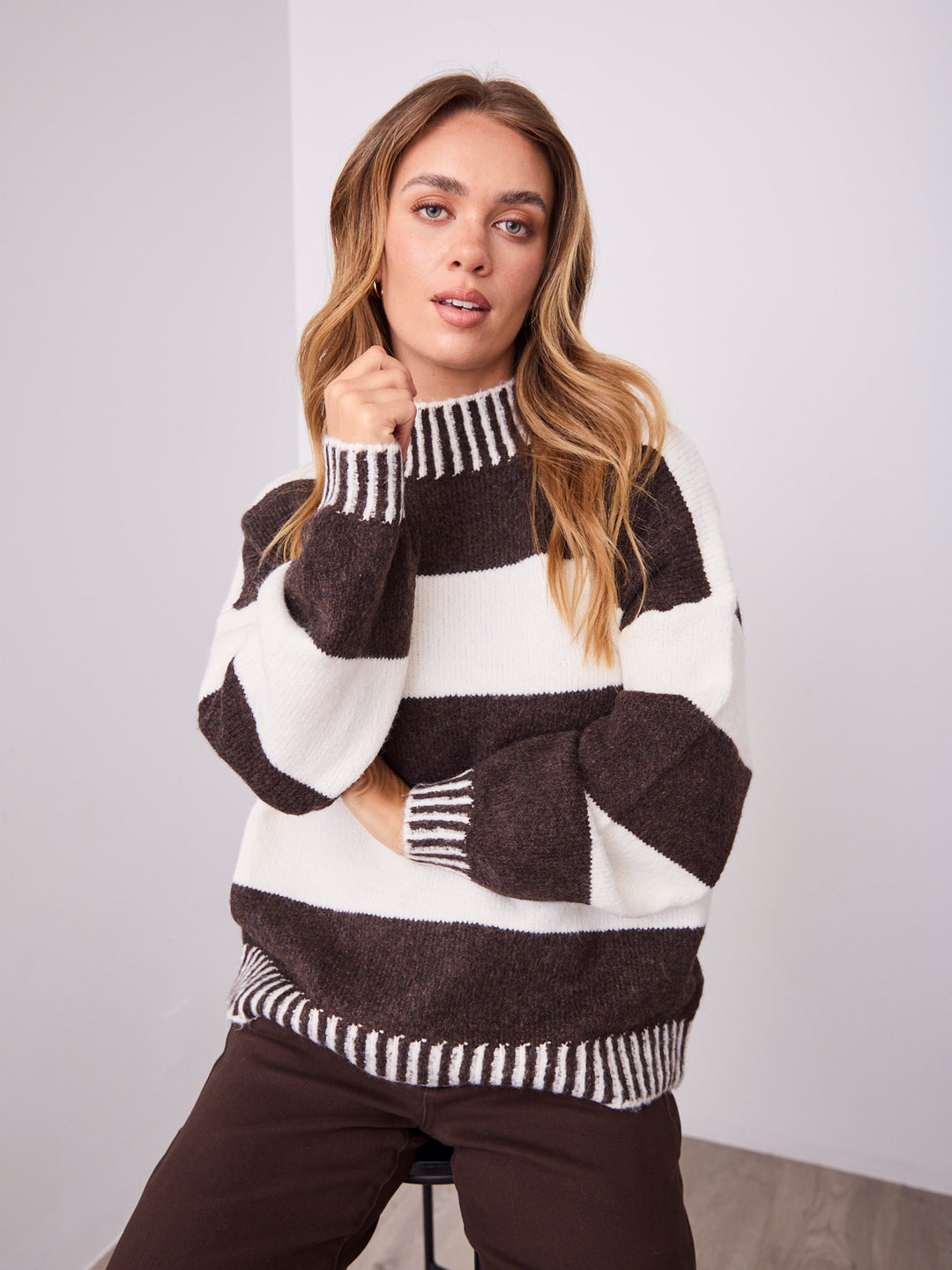 BESSIE BLOCK STRIPE KNIT - CHOCOLATE/WHITE