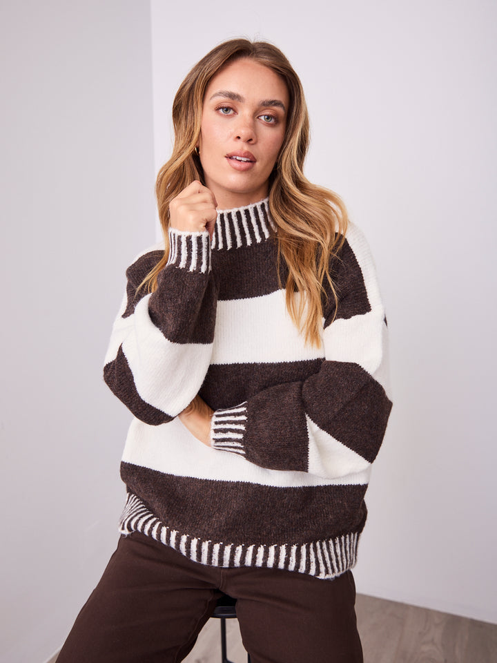 BESSIE BLOCK STRIPE KNIT - CHOCOLATE/WHITE