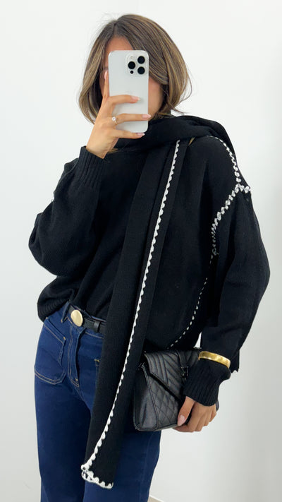 PARIS STITCH KNIT WITH SCARF - BLACK
