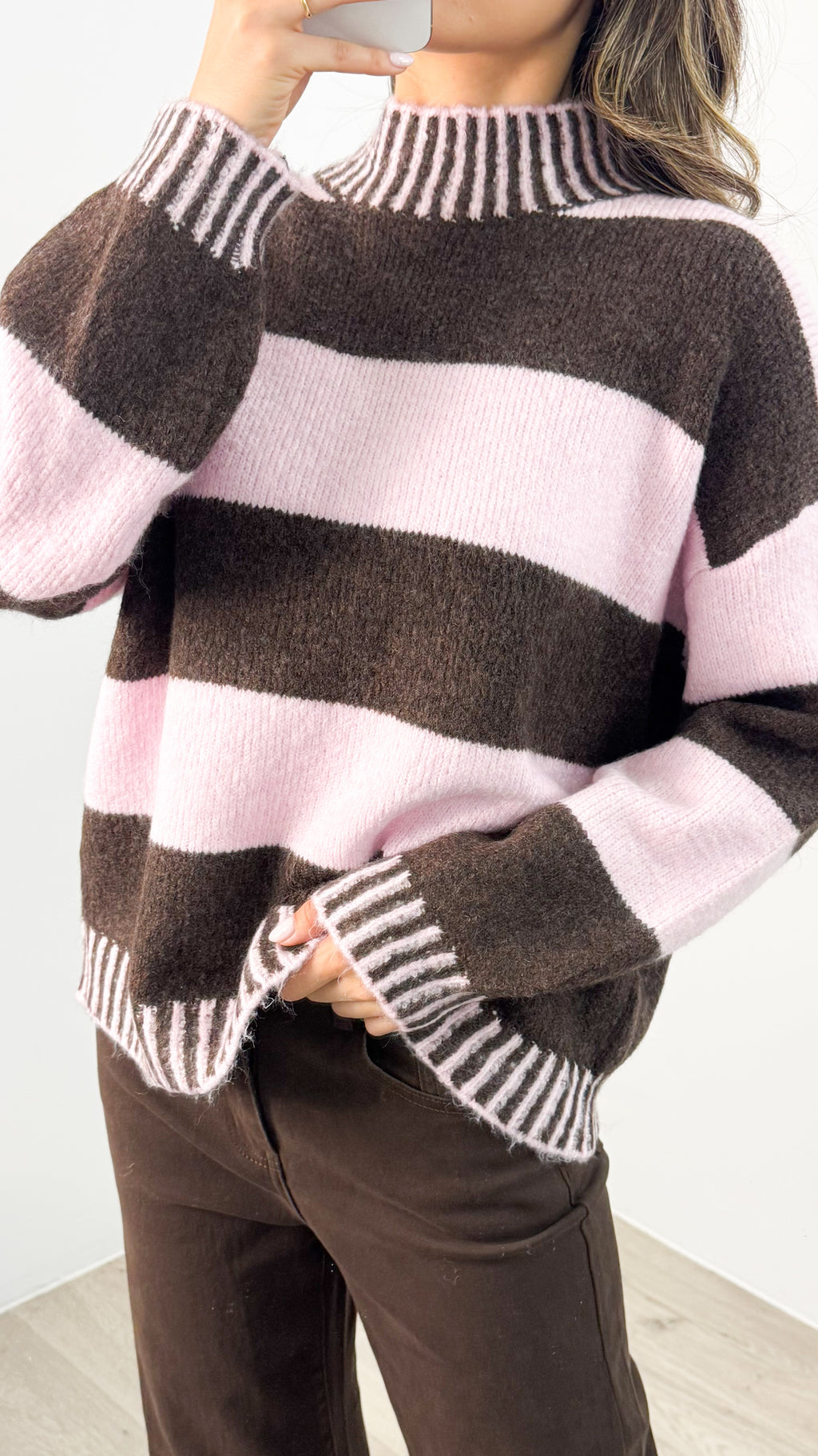 BESSIE BLOCK STRIPE KNIT - CHOCOLATE/PINK