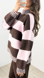 BESSIE BLOCK STRIPE KNIT - CHOCOLATE/PINK