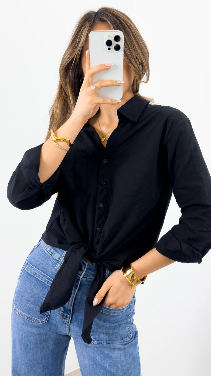 MACY TIE FRONT SHIRT - BLACK