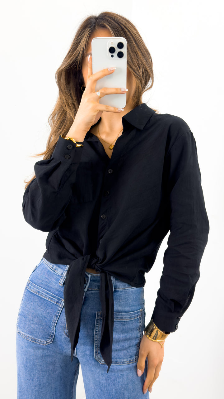 MACY TIE FRONT SHIRT - BLACK