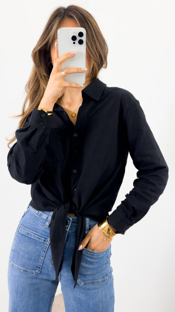 MACY TIE FRONT SHIRT - BLACK