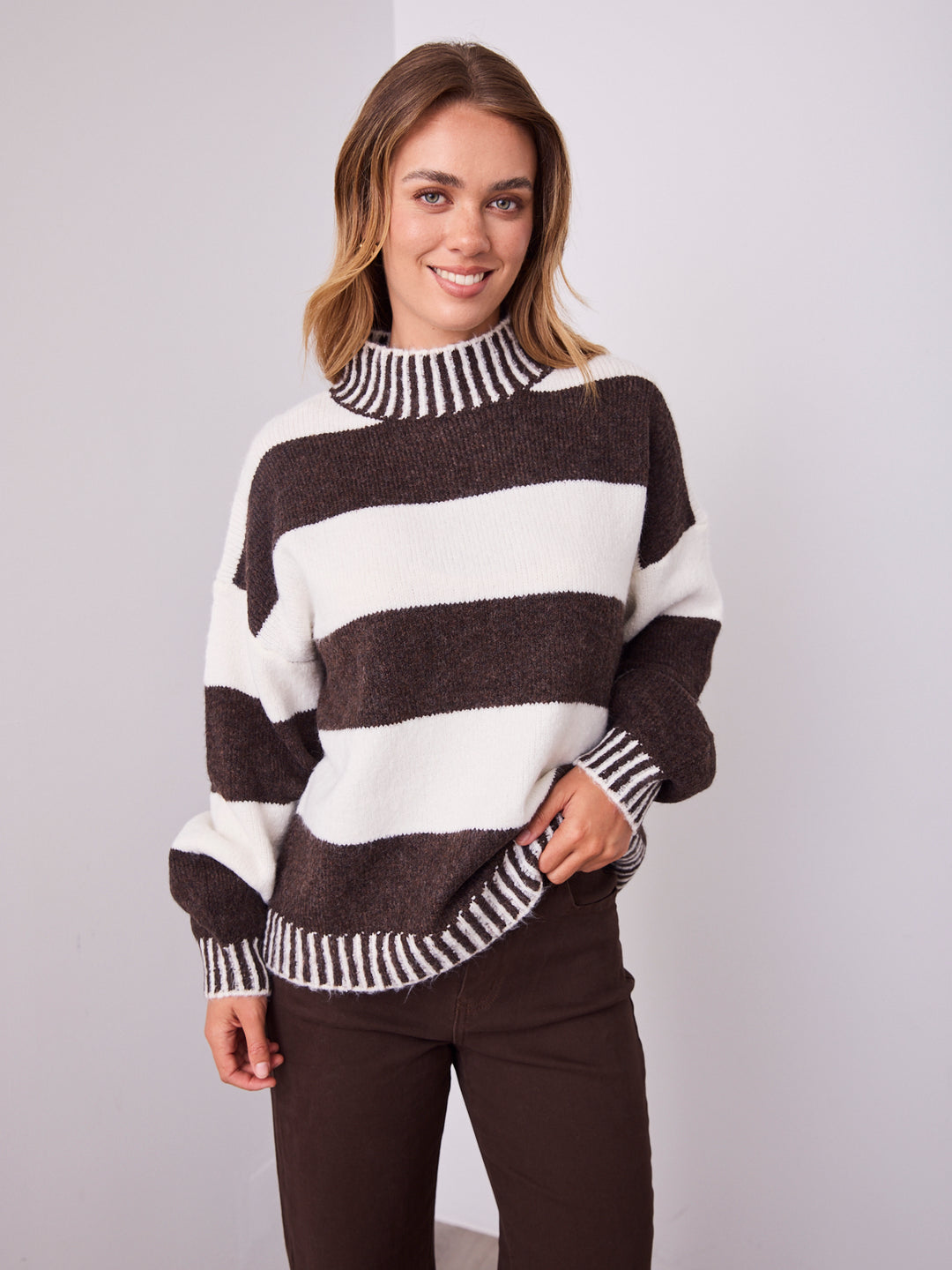 BESSIE BLOCK STRIPE KNIT - CHOCOLATE/WHITE