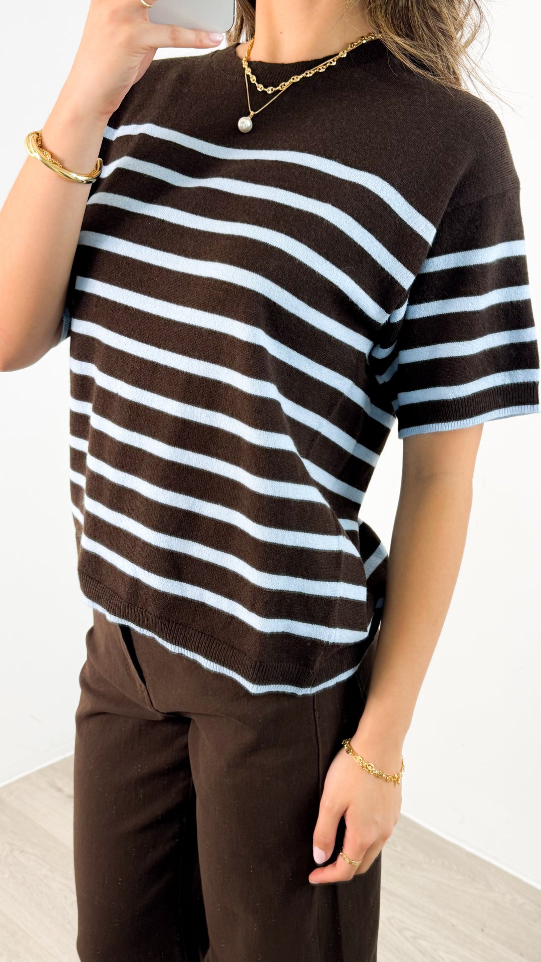 TALITA KNIT TEE - CHOCOLATE/BABY BLUE