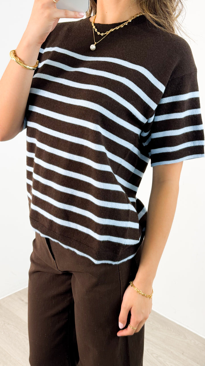TALITA KNIT TEE - CHOCOLATE/BABY BLUE
