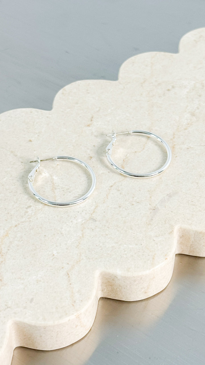 30MM CLASSIC STERLING SILVER PLATED HOOPS - SILVER