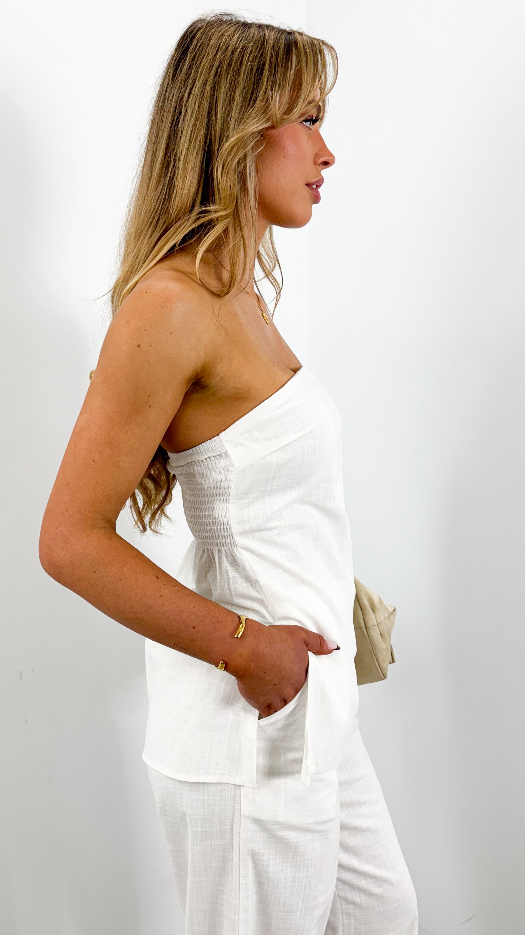 MYRA STRAPLESS TOP + PANT SET - WHITE