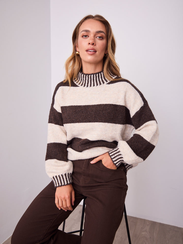 BESSIE BLOCK STRIPE KNIT - CHOCOLATE/OATMEAL