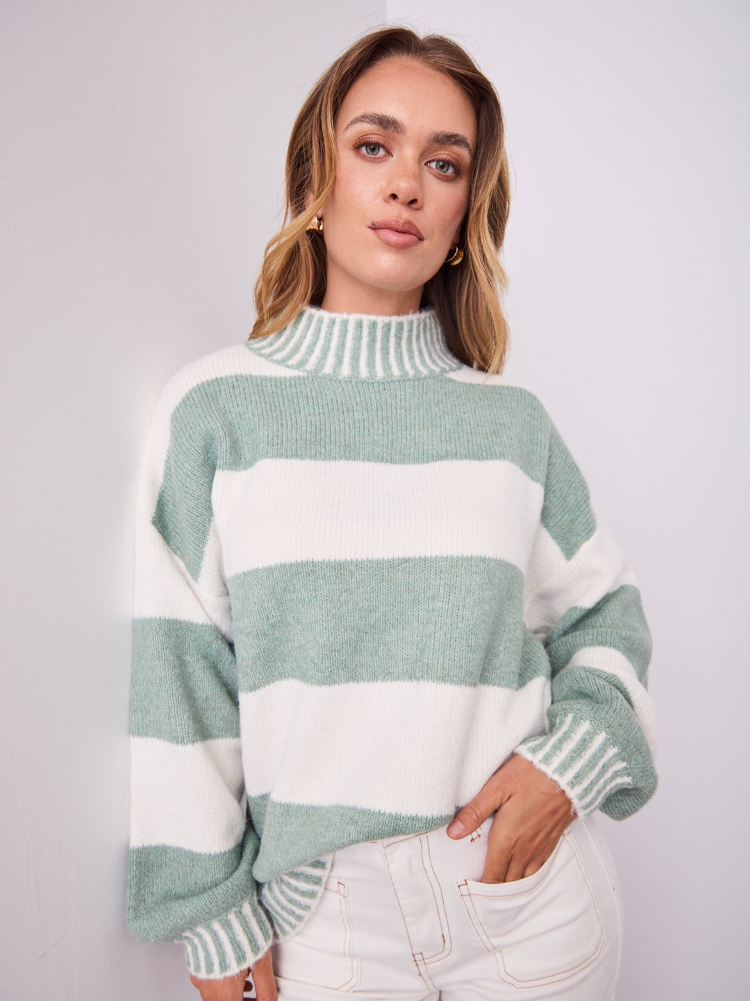 BESSIE BLOCK STRIPE KNIT - SAGE/WHITE