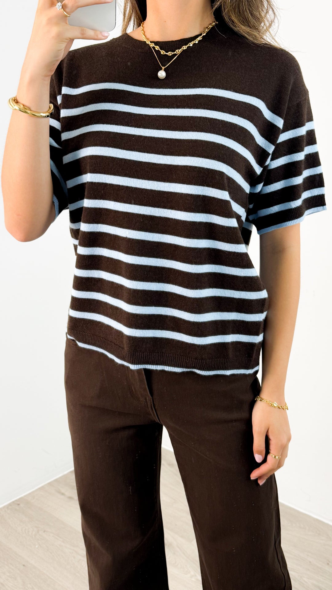 TALITA KNIT TEE - CHOCOLATE/BABY BLUE