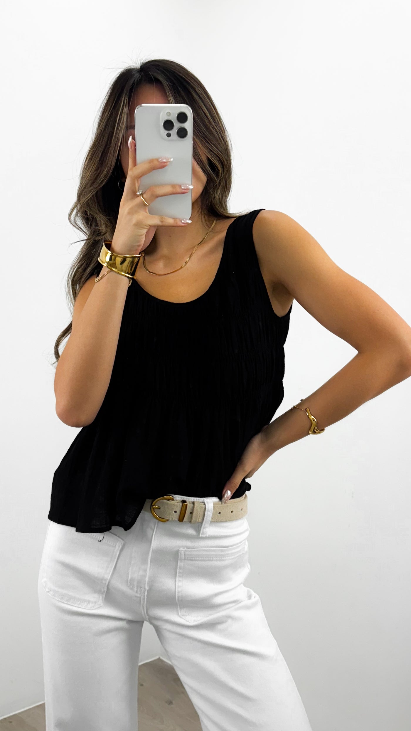 PALIA SHIRRED SINGLET - BLACK