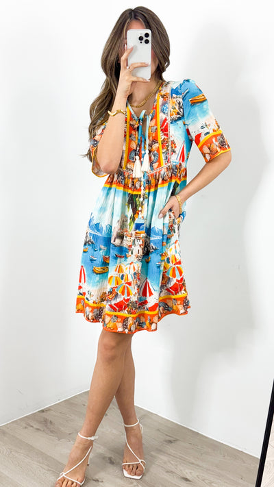 TRAPANI KNEE LENGTH DRESS - BLUE PRINT