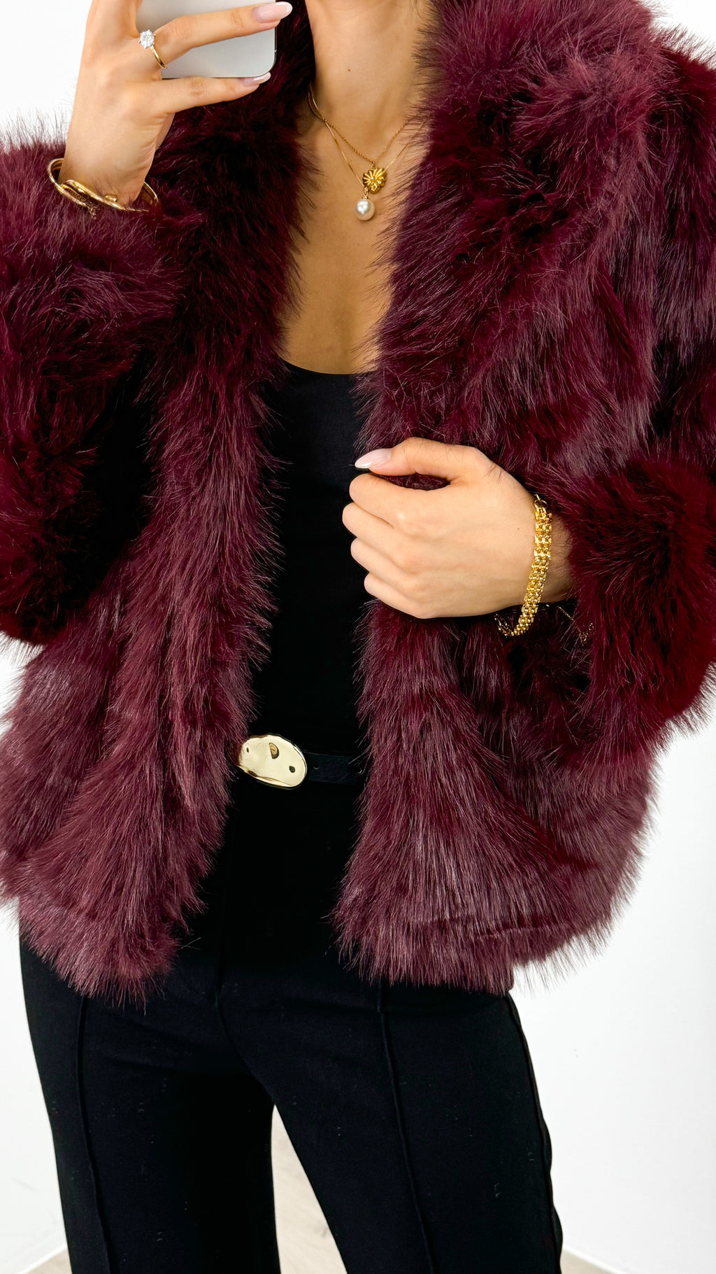 SASKIA FAUX FUR OVERSIZED JACKET - WINE
