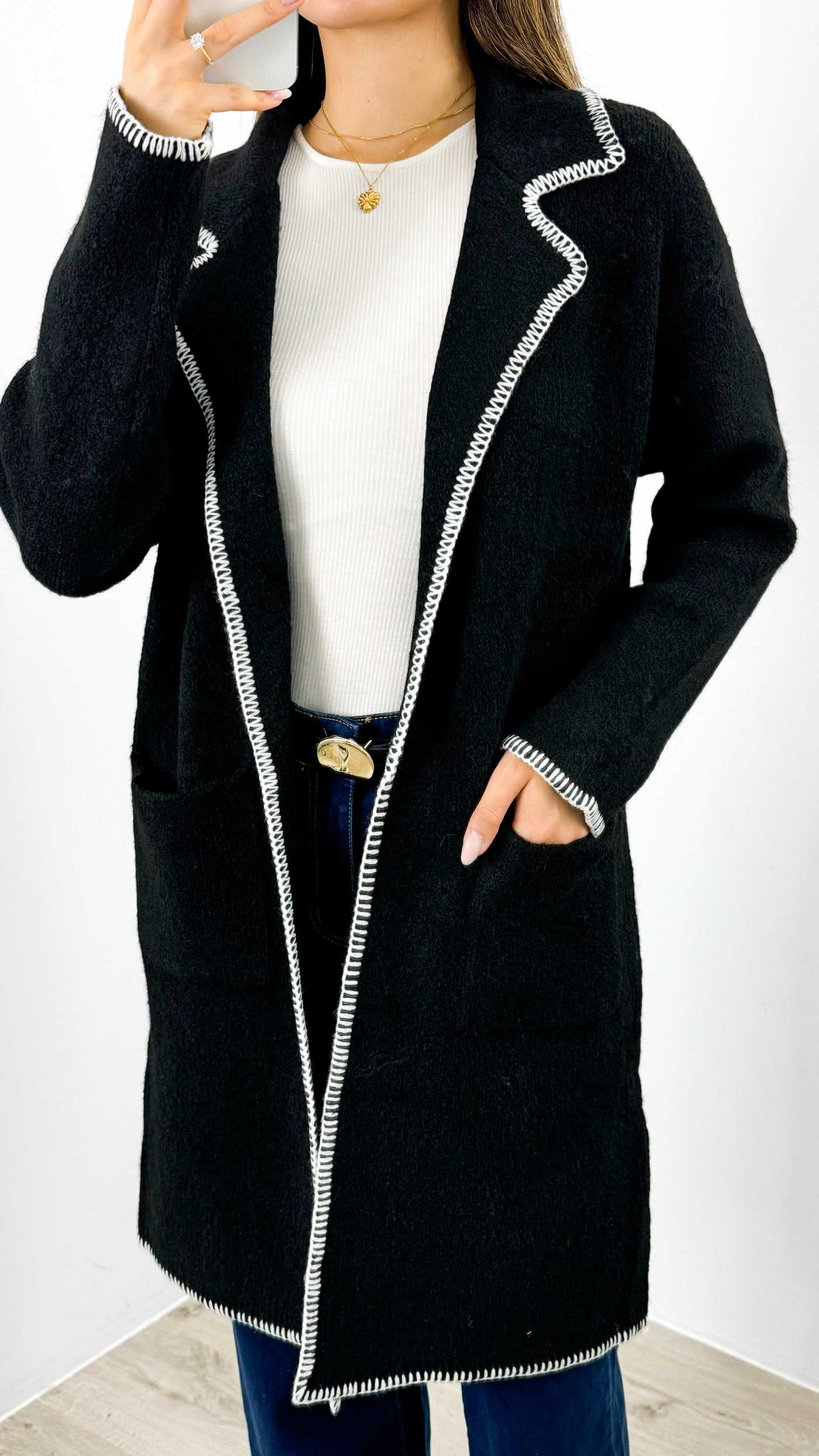 BESSIE STITCH COATIGAN - BLACK