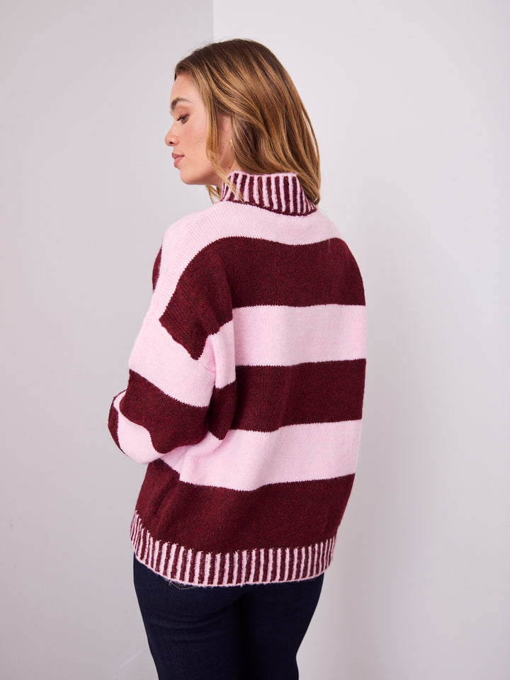 BESSIE BLOCK STRIPE KNIT - WINE/PINK