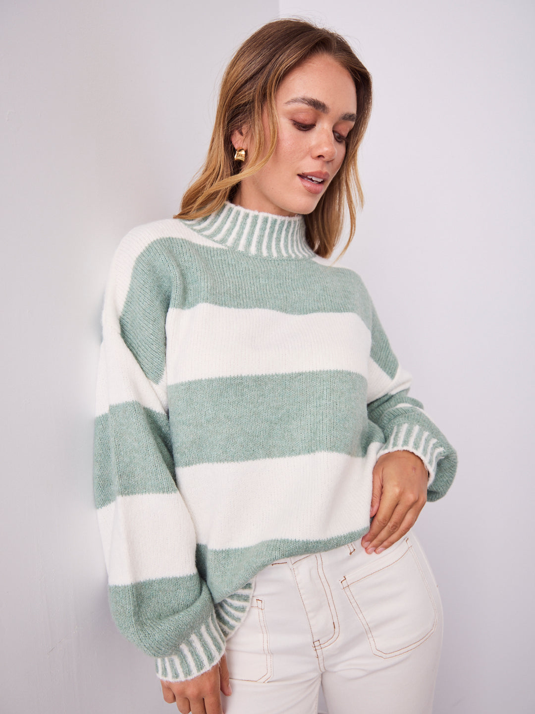 BESSIE BLOCK STRIPE KNIT - SAGE/WHITE