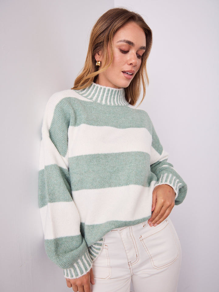 BESSIE BLOCK STRIPE KNIT - SAGE/WHITE