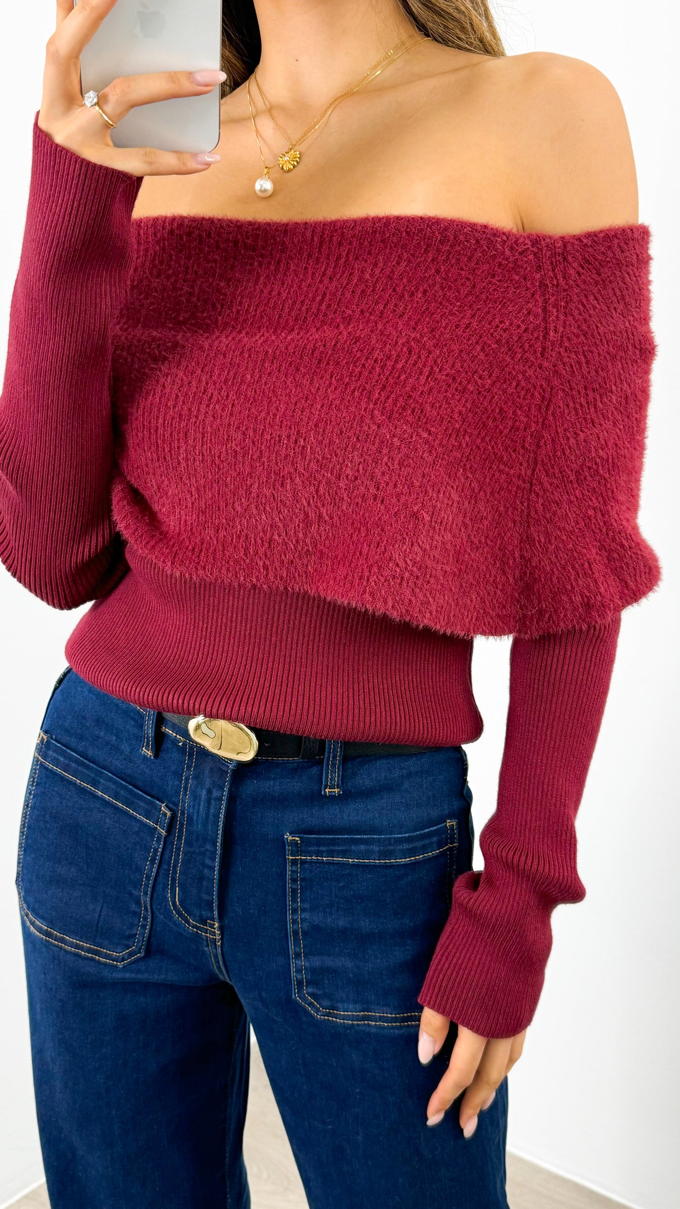 CARLY OFF SHOULDER KNIT TOP - WINE