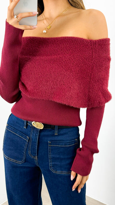 CARLY OFF SHOULDER KNIT TOP - WINE