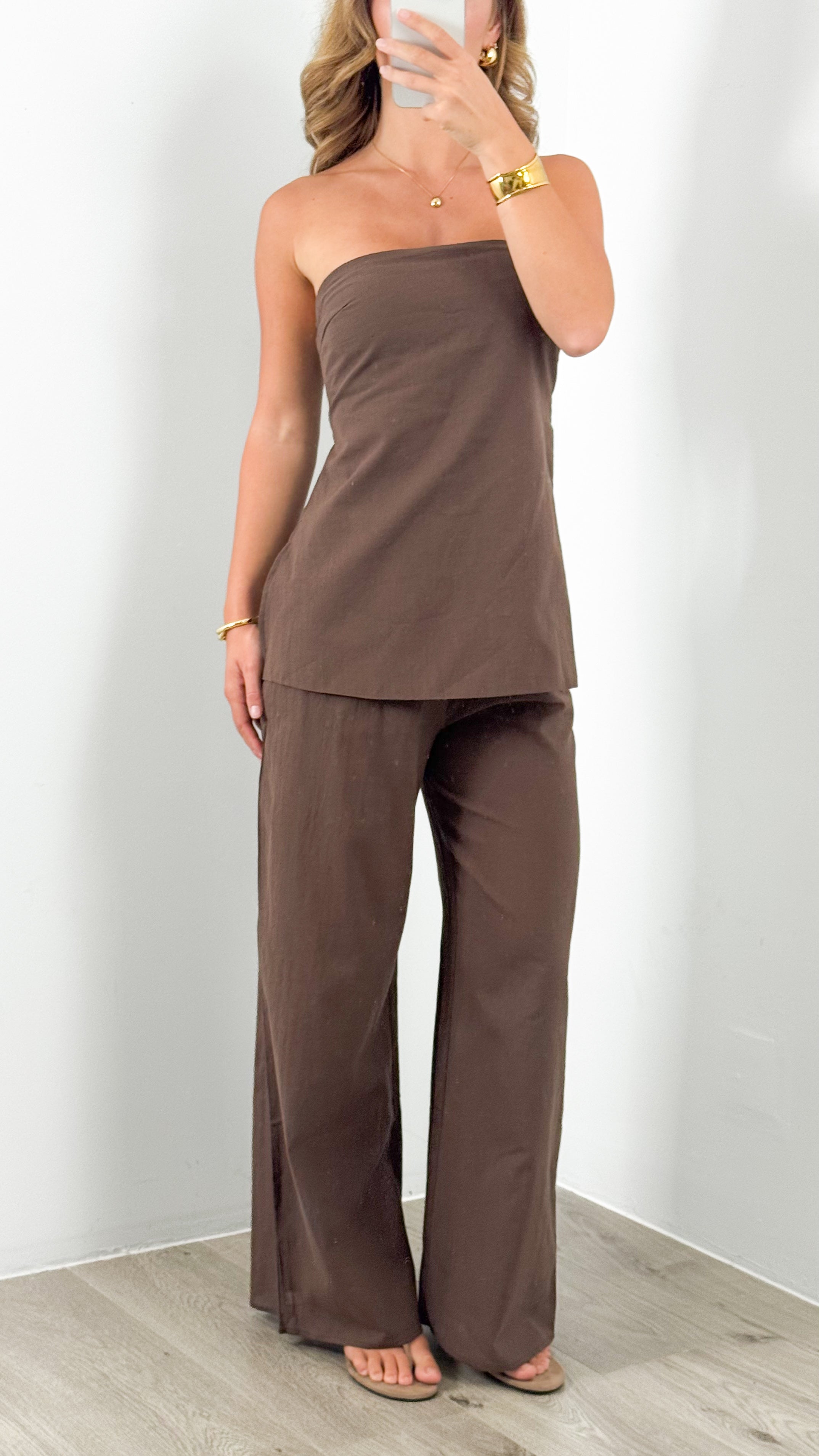 MYRA STRAPLESS TOP + PANT SET - CHOCOLATE