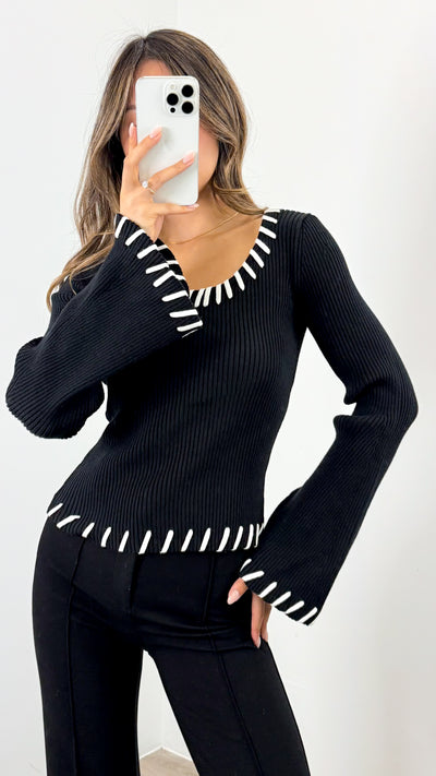 REID KNIT FITTED TOP - BLACK
