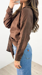 COMO LONG SLEEVE LINEN SHIRT - CHOCOLATE