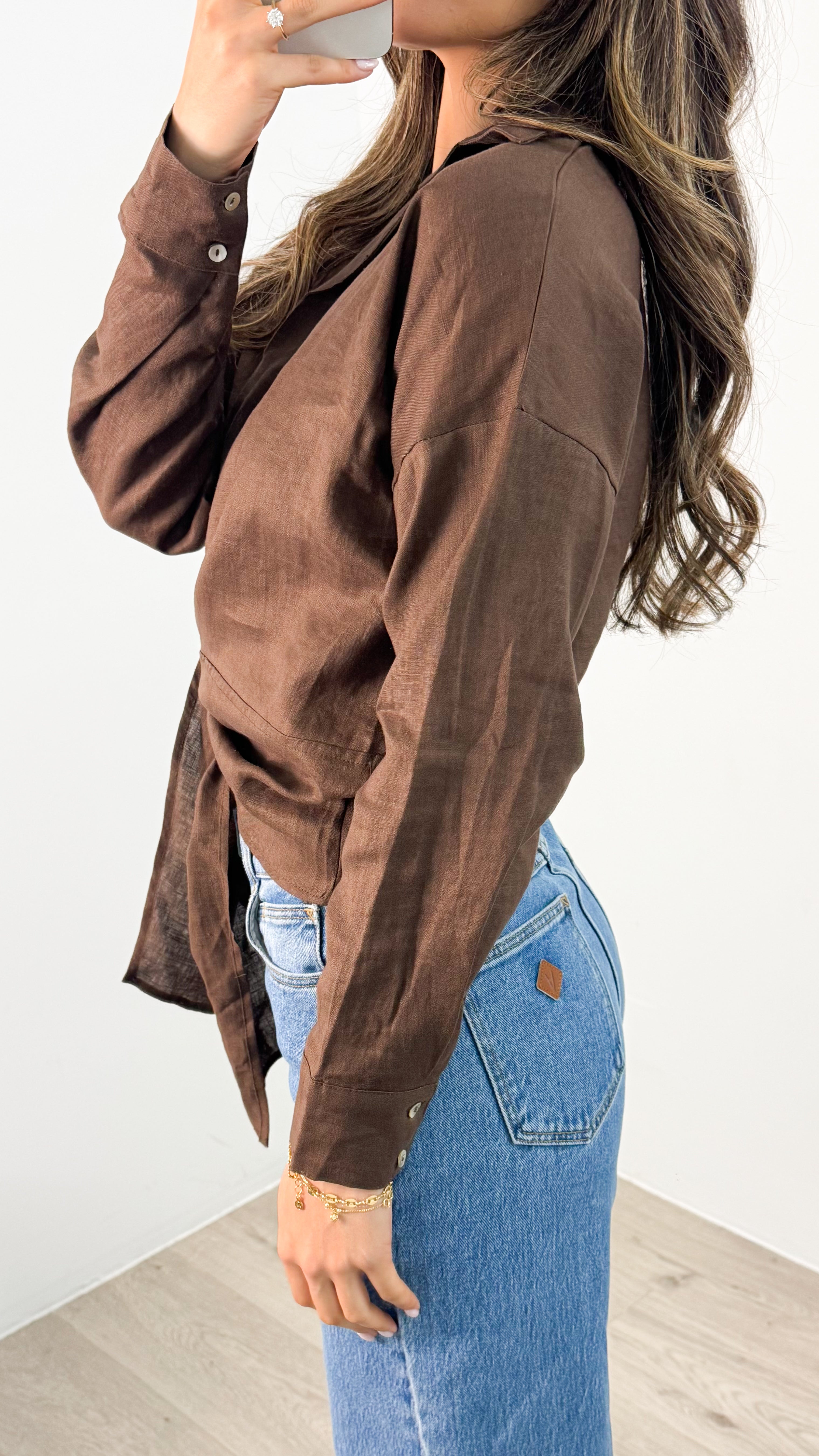 COMO LONG SLEEVE LINEN SHIRT - CHOCOLATE